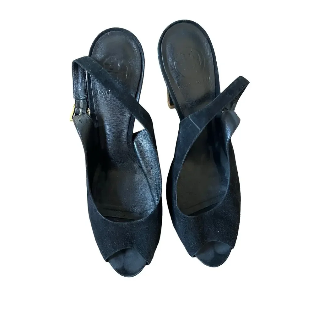 Tory Burch Black Gold Suede Slingback Block Platform Heels Size 9.5